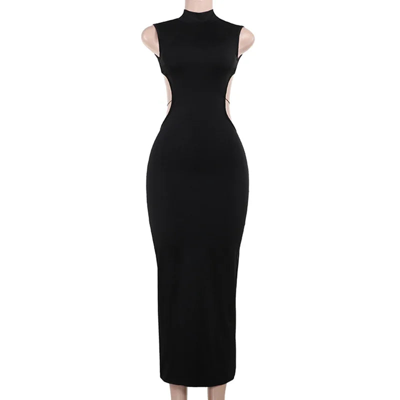 Sexy Backless Bandage Bodycon Maxi Dress Women Turtleneck Sleeveless Black Gothic Party Vestido 2024 Spring Fall Y2K Clothes