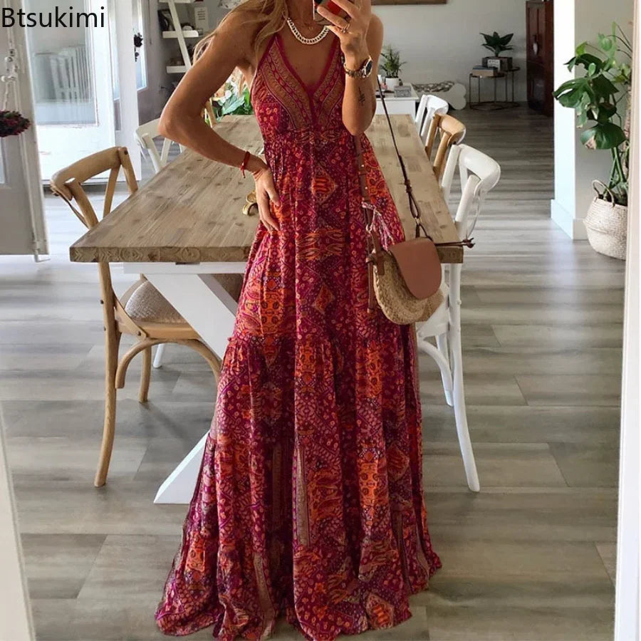 2024 Women's Summer Boho Long Dresses Elegant V Neck Party Dresses Vintage Printed Sleeveless Sexy Slim Maxi Beach Dress Mujer