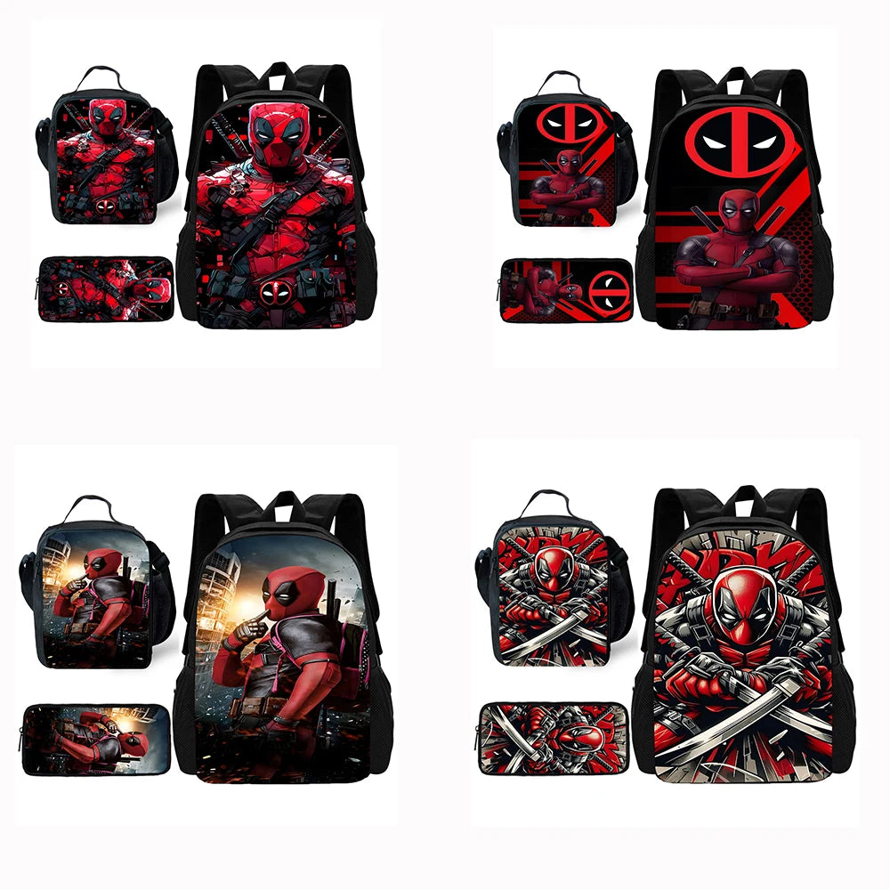 Child Schoo Deadpools Super Heroes Backpack with Lunch Bags ,Pencil Bags ,School Bags for Boys Girls Best Gift