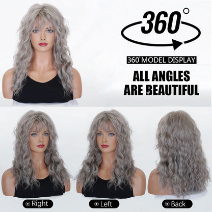 BCHR Grey Wigs with Bangs Long Curly Synthetic Wigs for Women Daily Cosplay Party Halloween Costume (Grey 20Inches)