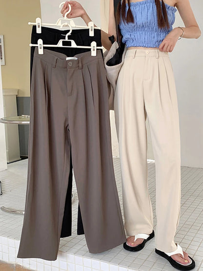 Zoki Elegant Chic Suit Pant Women High Waist Solid Straight Trousers Korean Casual Fashion Loose Spring Summer Wide Leg Pants