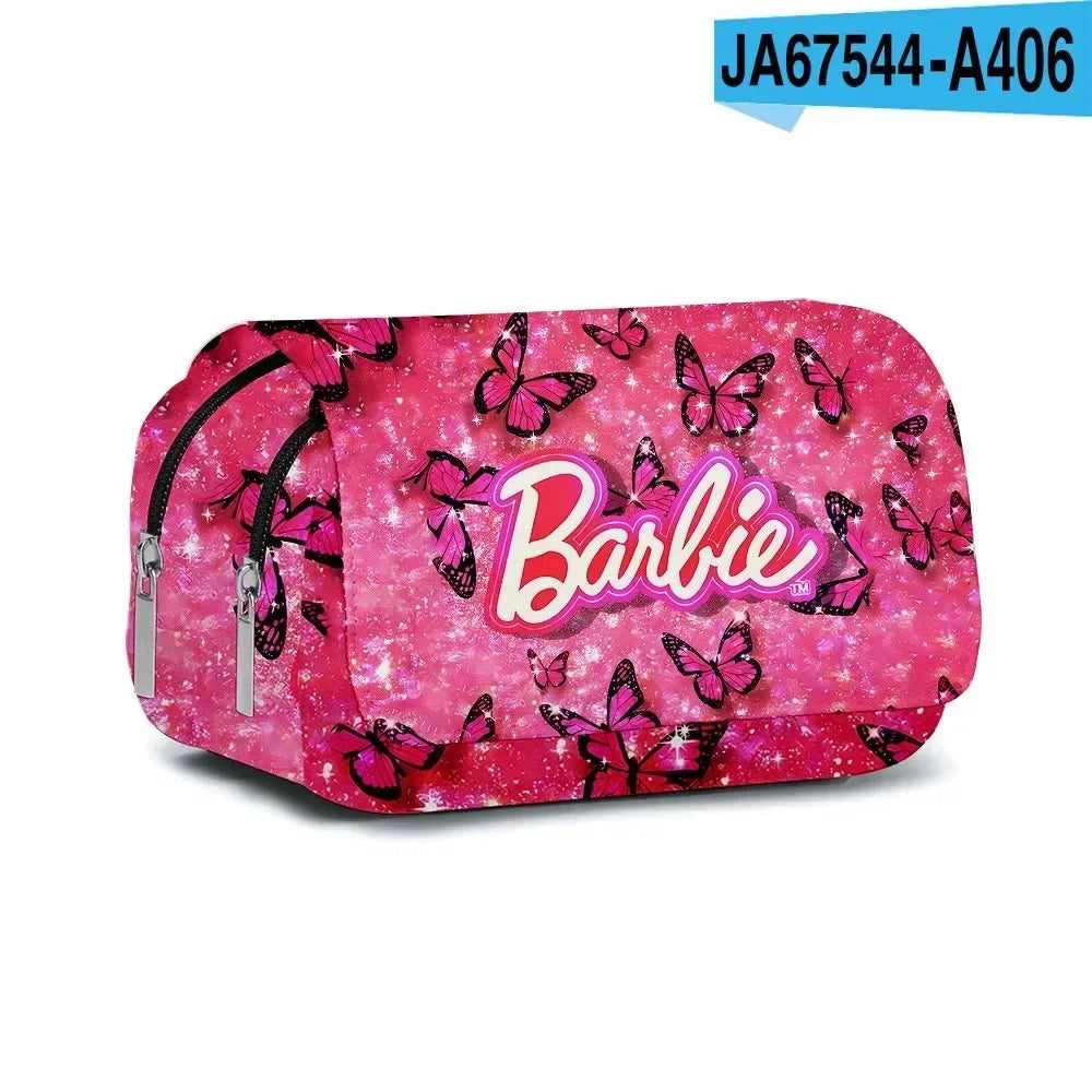 MINISO Barbie Two Dimensions Printed Schoolbag Double-layer Flip-top Pen Bag Children's Stationery Box Best Gift for Christmas