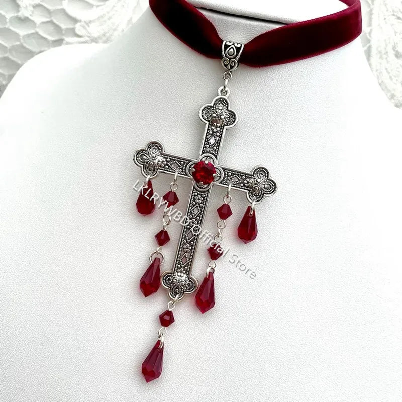 Large Cross Choker, Red Goth Choker, Gothic Cross, Goth Cross Velvet Choker, Red Velvet Choker with Cross, Velvet Cross Choker,