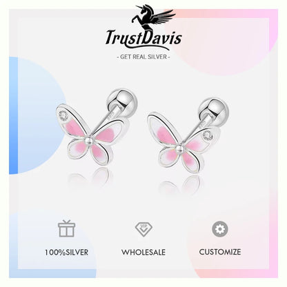 TrustDavis Real 925 Sterling Silver Fashion Sweet INS Butterfly Bear Screw Stud Earrings For Daughter Girls Fine Jewelry DG0013