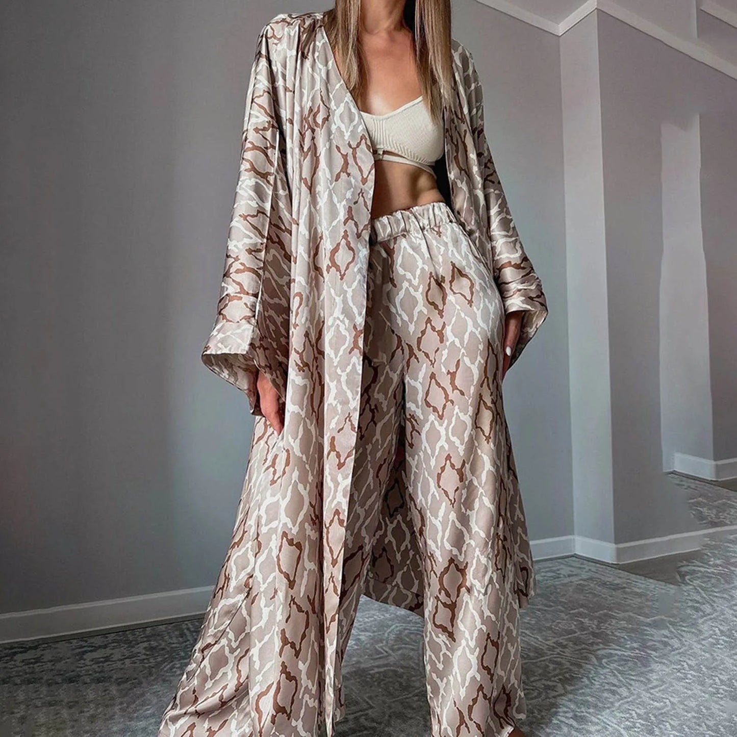 Fashion Women's Pants Set Long Sleeve Sexy V-Neck Sleepwear Wide Leg Pants Casual Ladies Pajamas Suit Loose Suits Bohemian