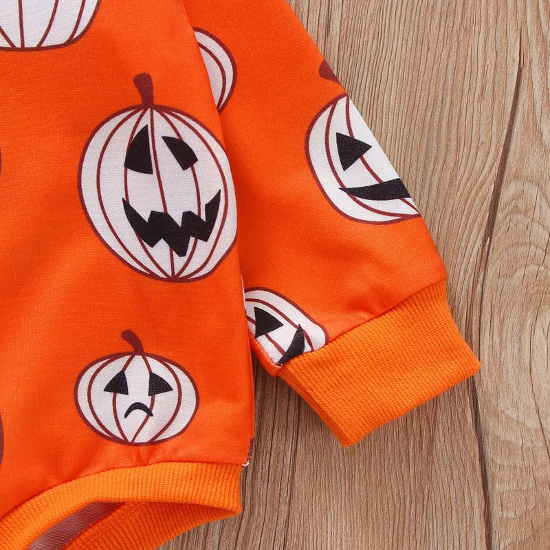 Halloween New Born Baby Girl Boy Bodysuit Fall Winter Clothes Evil Pumpkin Print Long Sleeve Crew Neck Bottom Snap Cute Jumpsuit