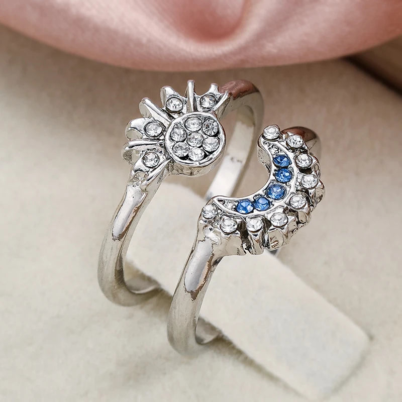 2pc/set Summer Couple Ring Set Sky Blue Sparkling Moon and Sun Ring 2023 New Women's Stackable Finger Set Engagement Jewelry