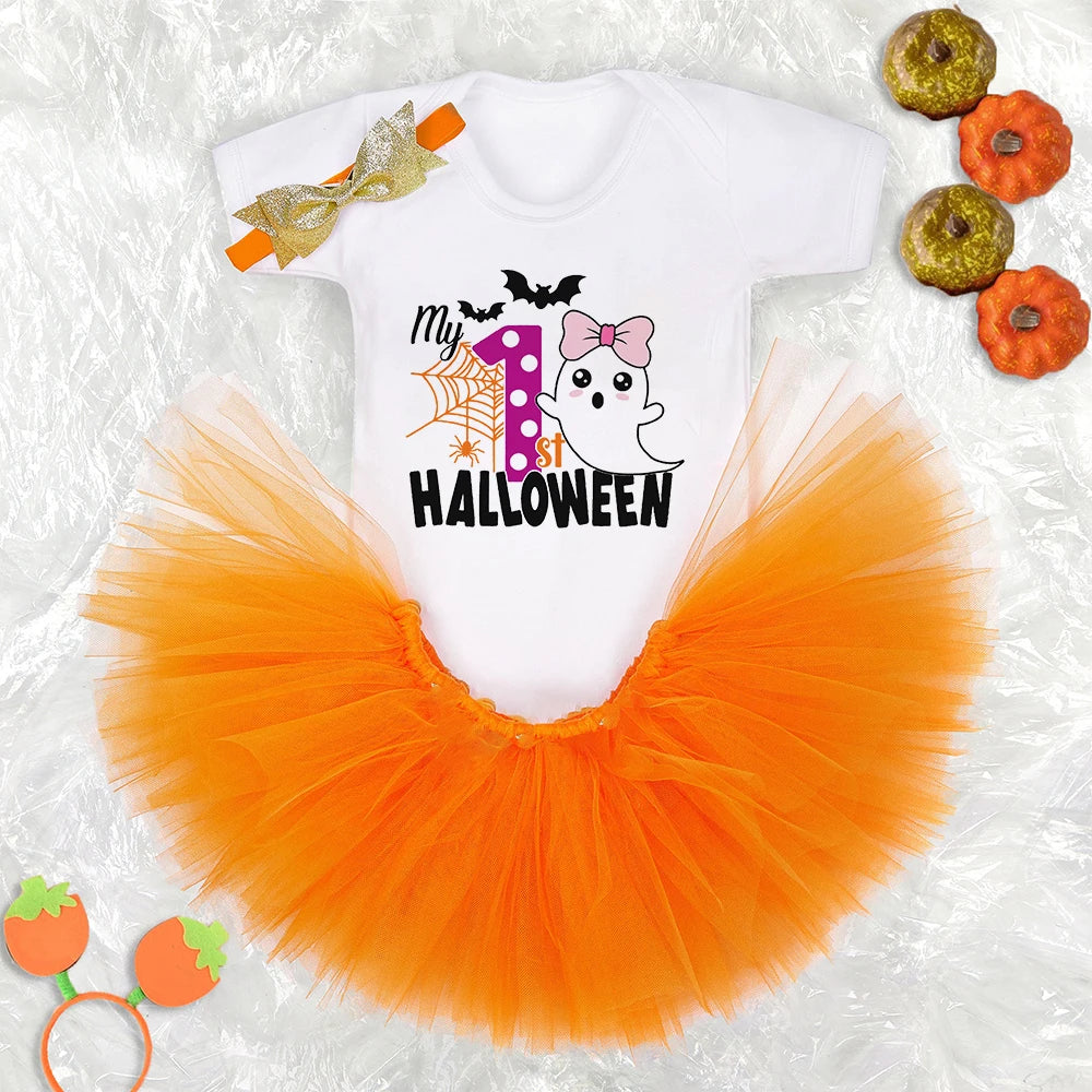 My 1st Halloween Print Baby Bodysuit Dress Set Halloween Party Girl Outfit Dresses Tutu Cake Smash Outfit Infant Baptism Clothes