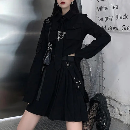 EMO Gothic Cargo Shirt Suit E Punk Chain Ribbon Skirts Goth Dress Autumn Streetwear Harajuku Black Grunge Aesthetic Clothes