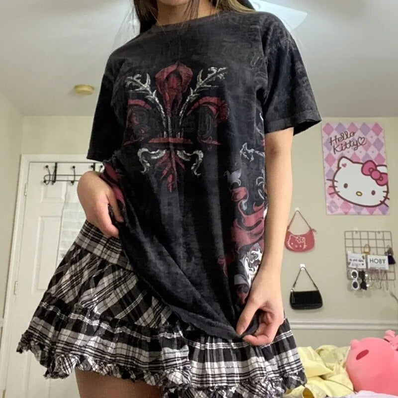 E Girl Graphic Short Sleeve Tops Gothic Skulls Print T Shirt Tees Harajuku Grunge Vintage Pullovers Y2K Retro Mall Goth Clothes