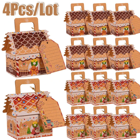 4pcs Christmas Candy Box With Tag Kraft Paper Santa Claus Cookie Snack Packaging Box Merry Xmas Decor For Home New Year Navidad