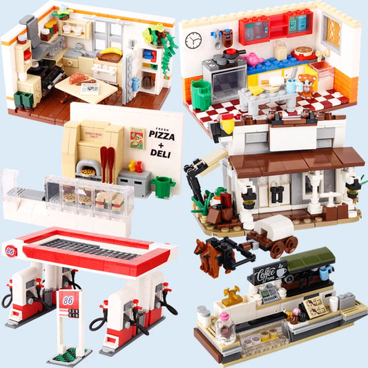 City Creative Coffee Shop Kitchen Dog Car Figures Building Blocks Gas Station Pizza Oven Food MOC Mini Model Bricks Kid Toy Gift