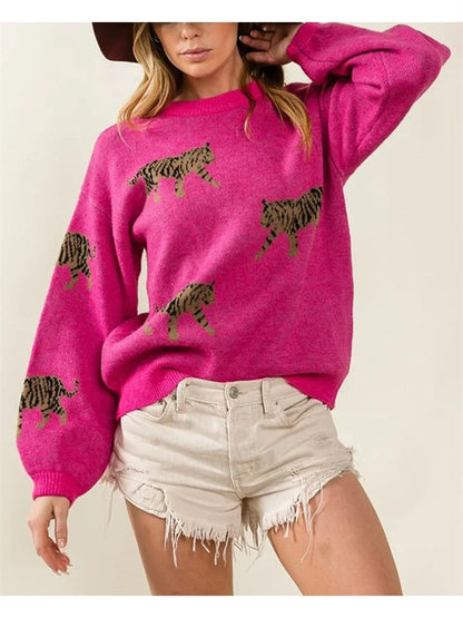 Cozy Women s Sweater with Stylish Leopard Print Design Long Sleeves and Soft Knit Fabric for Autumn Fashion Statement