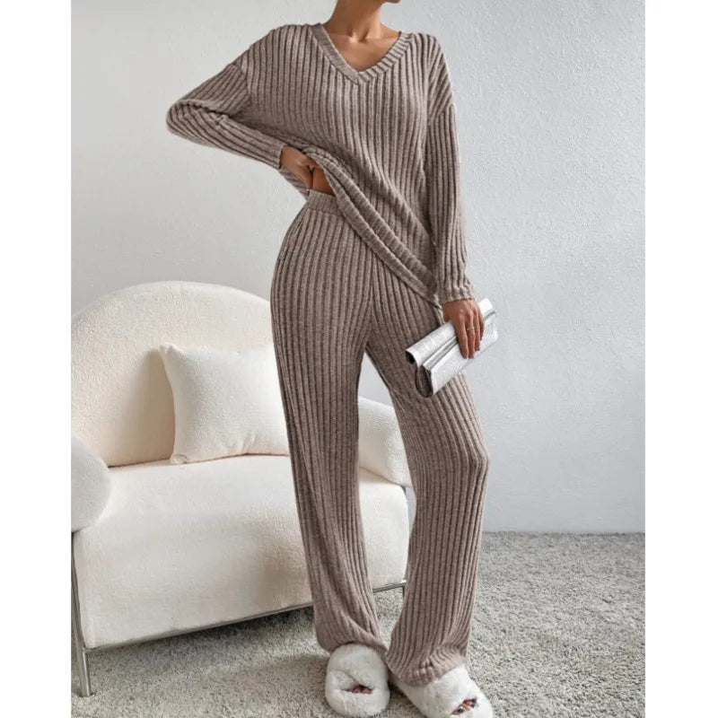 Women's Pajamas Home Wear Autumn Winter Casual Straight Pants Rib Pullover Sleepwear Loose V Neck Knitted Two Piece Loungewear