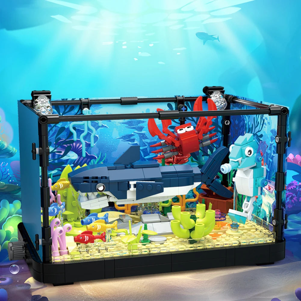 Fish Tank Block Set with Lights, Aquarium, Marine Life, Shark Eco Tank, Block Playset for Kids 6+ Years, Gift for Ocean Lovers