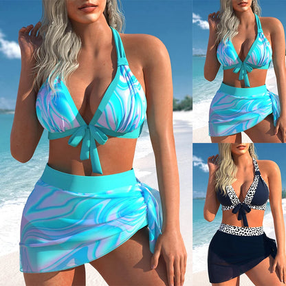 New Summer Beach New Women's Bikini Two Piece Swimwear Blue Pink Print Lace Up Bow Beach Dress S-6XL