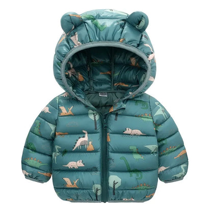 Kids Boy Lightweight Down Jacket Girl Baby Cartoon Dinosaur Outerwear Hooded Coat Autumn Winter Clothes Christmas Birthday Gifts