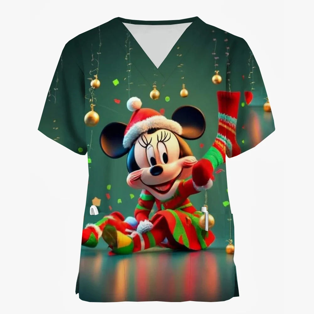 Disney Mickey Mouse Minnie print Christmas Scrub Tops Women Dentist Work Uniform Nurse Scrub Uniforms Medicals Dental Hospital