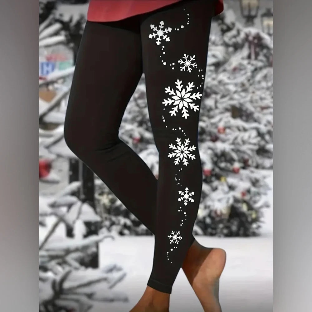 Christmas snowflake print elastic waist tight casual leggings for women festive atmosphere