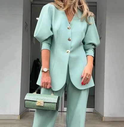 Women's Fashion Lantern Sleeves Loose Suit Coat & Pants Set Temperament Commuting 2024 Spring New Women Elegant Blazer Sets