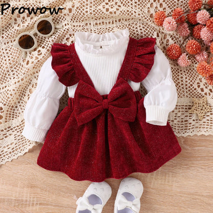 Newborn Clothes 2024 Baby Girl Outfit Set Winter White Lace Collar Top+ Bow Corduroy Red Dress Baby Christmas Clothes Costume