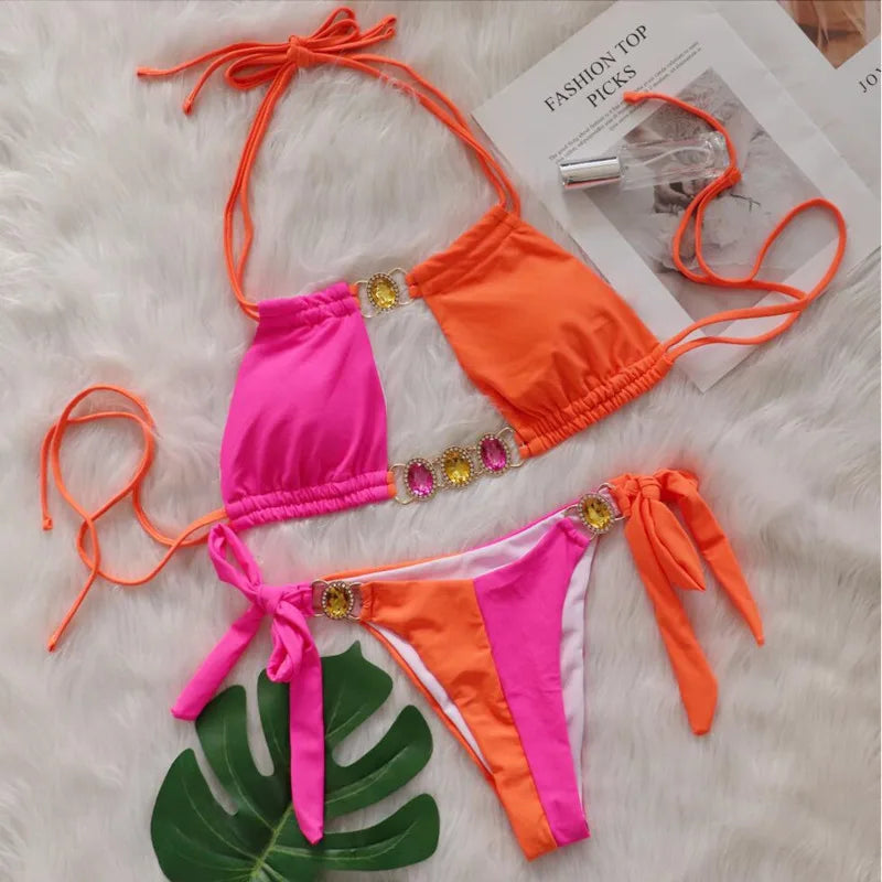 Pink Sexy Bikinis Swimsuit With Rhinestones Women Swimwear Female Push Up Bikini Beach Swim Wear Bathing Suits Pool Bather 2024