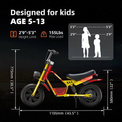 20'' 10MPH Kids Motorcycle Electric Motorbike Ride On Toy 300W Motor 24V LED Lights 5-13 Years Old Kids Electric Bicycle