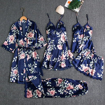 Female 5PCS Pajamas Set Spring Summer Silk Satin Sleepwear Pyjama Pour Femme Sleepwear Sexy Loose Lace Lounge Wear Pijamas Suit