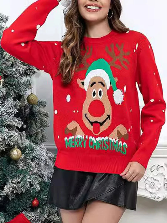 Women s Christmas Sweaters Long Sleeve Round Neck Reindeer Print Loose Pullover Knit Tops