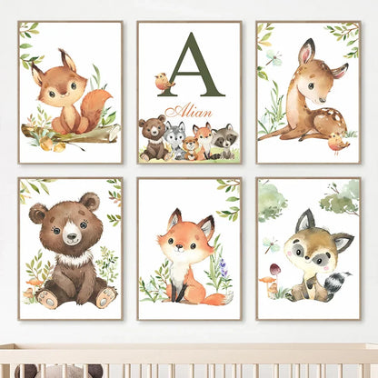 Woodland Nursery Prints Forest Animal Deer Rabbit Bear Fox Custom Wall Art Canvas Painting Poster Wall Pictures Kids Room Decor