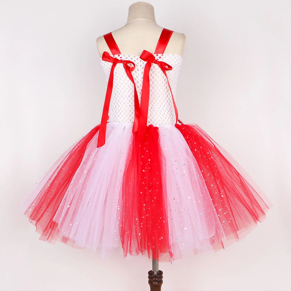 Girls Christmas Candy Cane Tutu Dress Outfits Red White Glittery Mrs Santa Claus Costume for Kids New Year Xmas Party Dresses