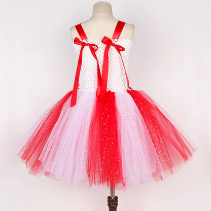 Girls Christmas Candy Cane Tutu Dress Outfits Red White Glittery Mrs Santa Claus Costume for Kids New Year Xmas Party Dresses