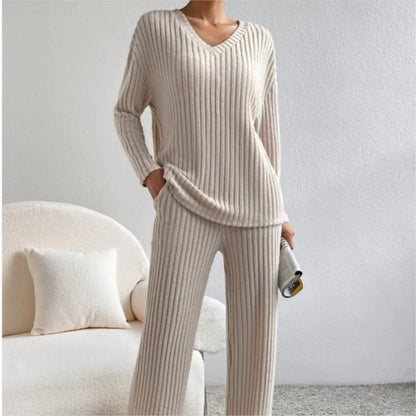 Women's Pajamas Home Wear Autumn Winter Casual Straight Pants Rib Pullover Sleepwear Loose V Neck Knitted Two Piece Loungewear