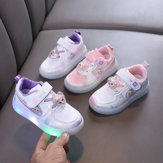 Disney Kids Girls Shoes Children Sneakers Girls Elsa Frozen Princess Casual Sport Student Shoes LED Lights Shoes Size 21-30