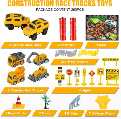 260 PCS Construction Race Tracks for Kids Toys, 2 Electric Cars, 4 Construction Cars, 1 Map & Flexible DIY Track Set for 3+ kids