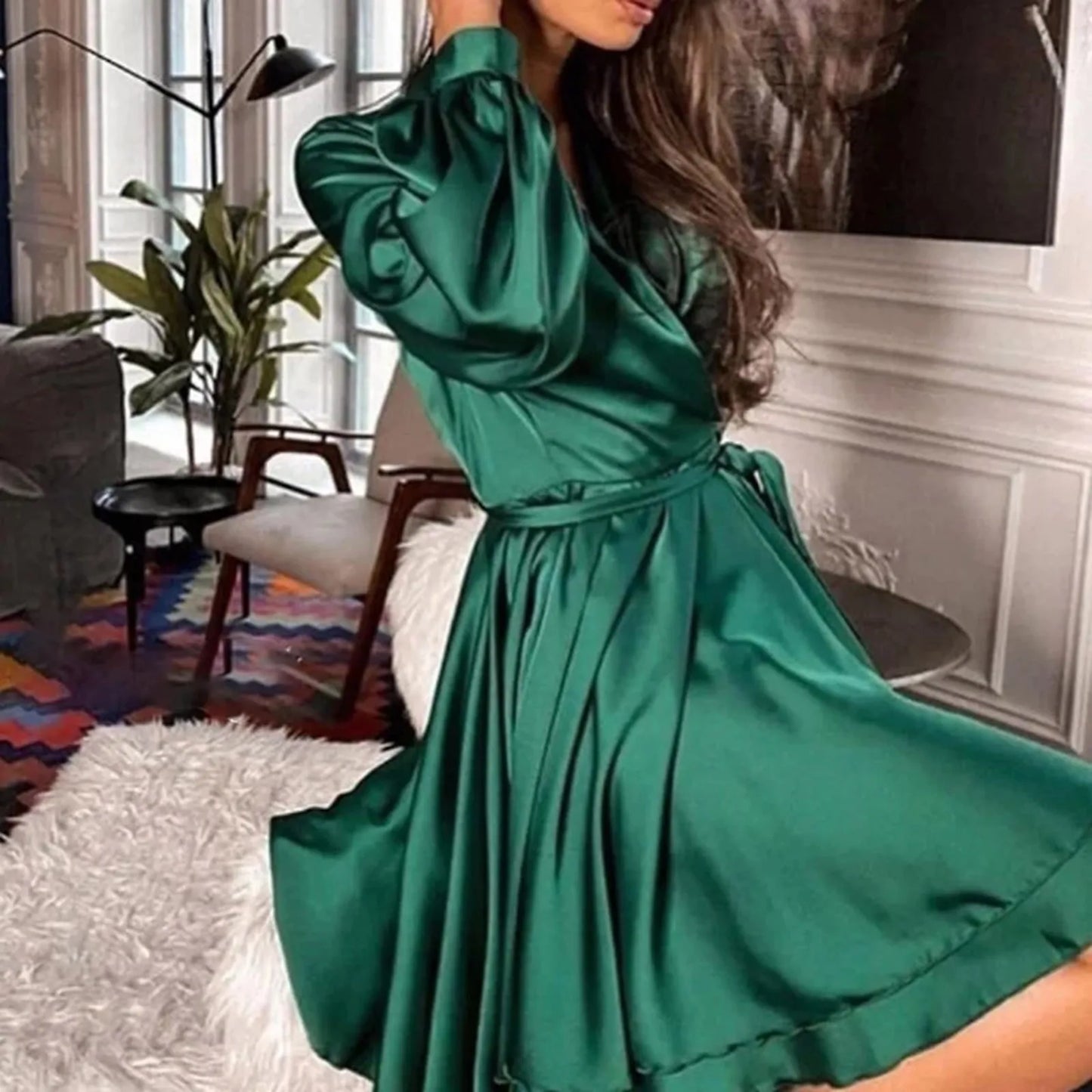 Elegant and Luxury Green Satin Party Dress for Women 2024 New Fashion V-neck Wraped Lace Up A-line Mini Dress Elegance Robes