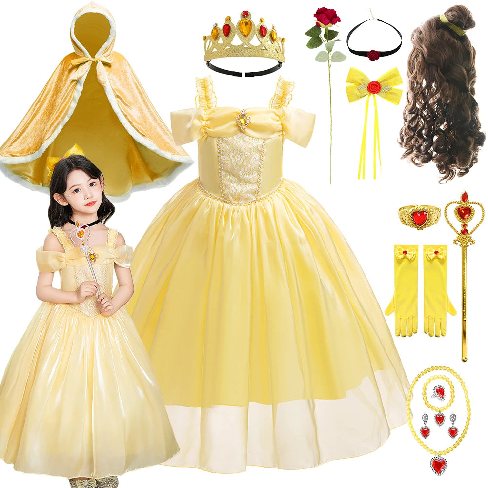 Halloween Girls Princess Belle Dress Up Evening Party Yellow Shoulderless Elegant Long Dresses Beauty Beast Fairy Costume Wig