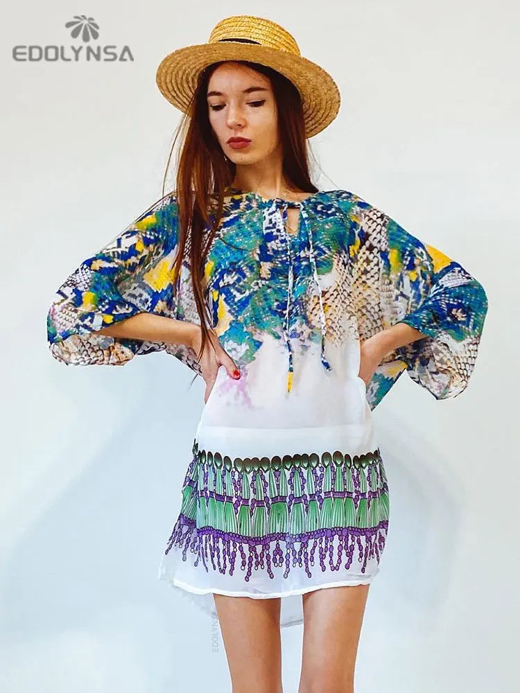 New Arrivals Beach Caftan Swimsuit Cover up Print Chiffon Pareo Women Robe Plage Swimwear Dress Sexy Sarong Beach Tunic #Q152