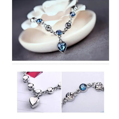 Women Silver Color Lucky Bracelet Female Blue Crystal Heart Charm Pulseras Bracelet Bridal Wedding Engagement Fine Jewelry Gift