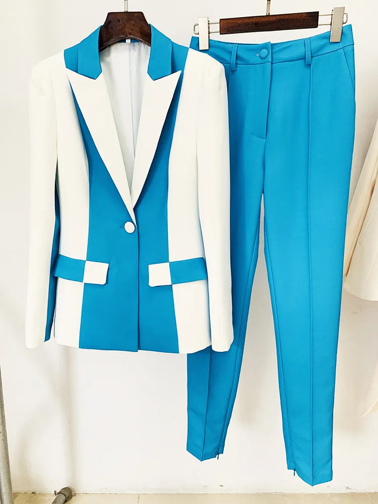 HIGH STREET Newest 2024 Designer Runway Suit Set Women's Contrast Color Blazer Pencil Pants Suit 2pcs