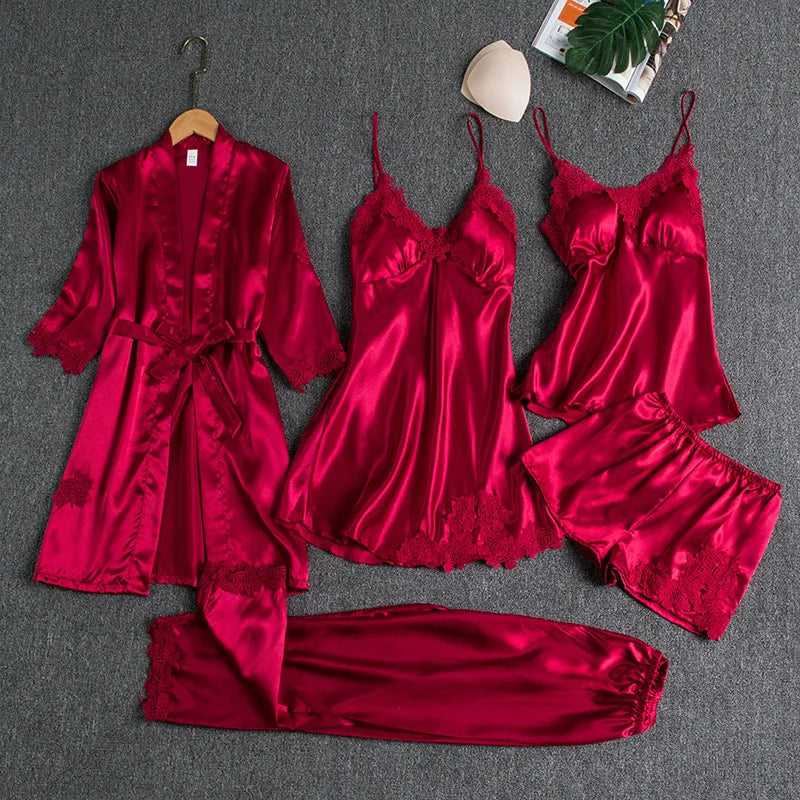 Female 5PCS Pajamas Set Spring Summer Silk Satin Sleepwear Pyjama Pour Femme Sleepwear Sexy Loose Lace Lounge Wear Pijamas Suit