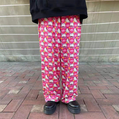 Hello Kitty Pants Women's Spring And Autumn New Wide-leg Trousers Cute Cartoon Fashion Loose Elastic Waist Casual Printed Pants