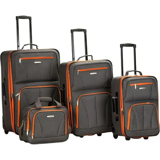 Softside Upright Luggage Set,Internal Retractable Handles Expandable, Charcoal, 4-Piece (14/19/24/28)，Expandable Luggage