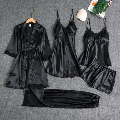 Female 5PCS Pajamas Set Spring Summer Silk Satin Sleepwear Pyjama Pour Femme Sleepwear Sexy Loose Lace Lounge Wear Pijamas Suit