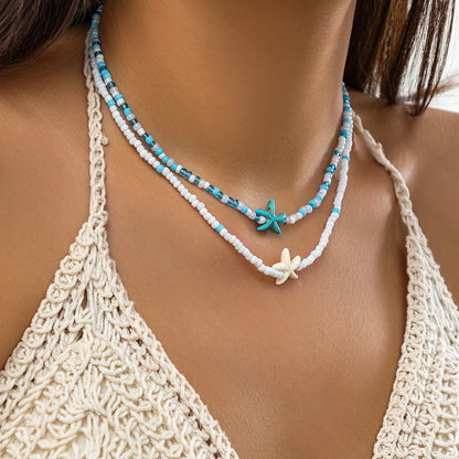 Salircon Trend Charm Acrylic Turtle Sea Star Double Layer Necklace Boho Seed Beads Beaded Short Necklace Women's Beach Jewelry