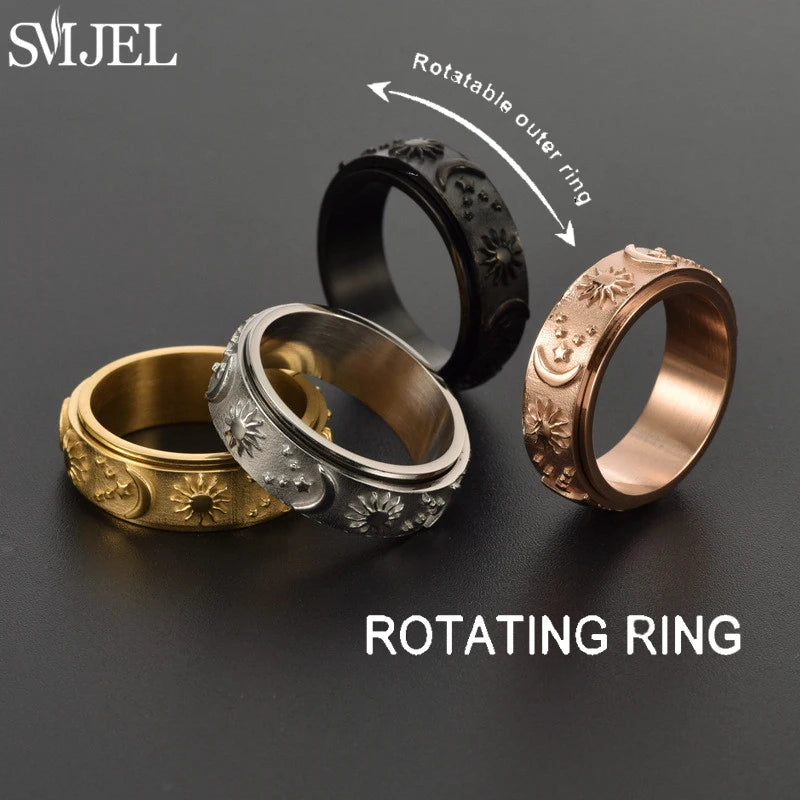 Anti Stress Anxiety Relaxing Ring Retro Star Moon Stainless Steel Fidget Spinner Rings for Couple Jewelry Anillos De Hombres