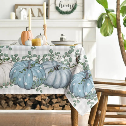 Thanksgiving Autumn Harvest Watercolor Blue Buffalo Plaid Pumpkin Rectangle Tablecloth Wedding Decorations Durable Tablecloth