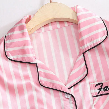 7 piece Sets Pajamas Autumn Women's Suit Ice Silk Satin Silk Pink Striped Pyjama Outwear Home Suit Pijama