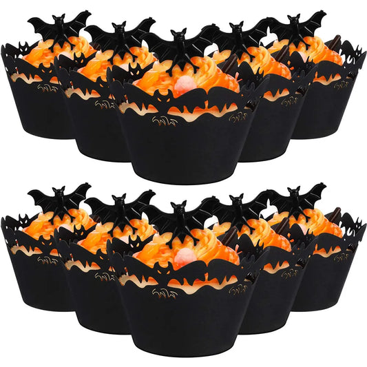 12pcs Halloween Black Bat Cupcake Wrappers Cupcake Liners Ghost Halloween Cupcake Decorations Halloween Themed Party Supplies