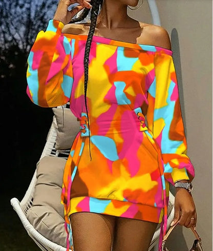 Elegant Women's Printed Dress Spring And Autumn New Style Round Neck Printed Long Sleeve Lacing Loose Mini Women's Dress